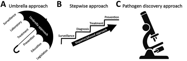 Three program approaches for implementing integrated zoonotic disease detection, prevention, and control programs. A) Comprehensive (umbrella) approach, designed to accelerate collaboration and impact. B) Phased (stepwise) approach in which each step building on prior developed program areas and capacities. C) Pathogen discovery approach, based on the necessity of early intersectoral collaboration to generate knowledge in the context of discovering an emerging zoonotic pathogen, which can subseq