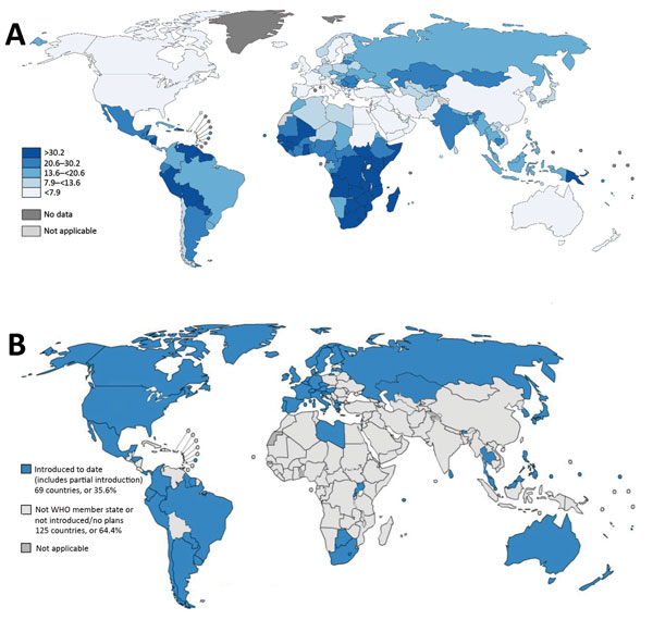 Worldwide cervical cancer incidence and human papillomavirus (HPV) vaccination status. A) Estimated cervical cancer incidence rates per 100,000 persons in 2012. Source: GLOBOCAN, 2012, WHO. B) Progress in HPV vaccine introduction in national immunization programs, 2016. Source: WHO, 2016. Many countries with high cervical cancer incidence rates (primarily countries in sub-Saharan Africa, Asia, and a few in Latin America) have not yet introduced HPV vaccination in their national immunization prog