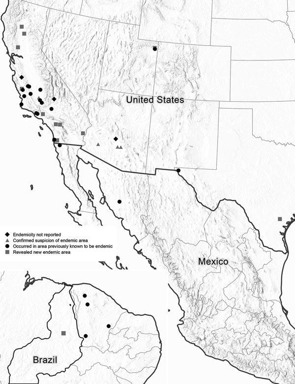 Locations of environment-associated coccidioidomycosis outbreaks, by state or territory and whether the outbreak revealed new or confirmed suspected endemicity (n = 40), United States, Mexico, and Brazil, 1940–2015.
