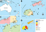Thumbnail of Geographic distribution of antibodies against Vi capsular antigen of Salmonella enterica serovar Typhi, Fiji, 2013. A) Location of Fiji islands in the Southern Pacific Ocean. B) Seroprevalence of Vi antibody in sampled communities in 2013. C) Details of typhoid seroprevalence in large cities in Fiji (Labasa, Suva, Nadi, and Ba). D) Typhoid seroprevalence estimated for subdivisions in Fiji.