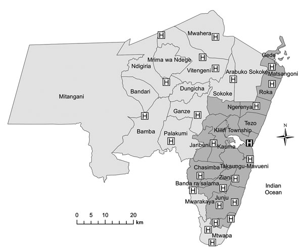 Kilifi District and the Kilifi Health and Demographic Surveillance Survey area (darker gray shading), showing administrative districts, Kilifi County Hospital (black square), and other tuberculosis treatment facilities (white squares), Kenya, 2010.