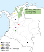 Thumbnail of Geographic locations of 7 reported cases of melioidosis in Colombia.