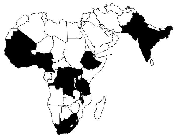 Geographic coverage of Frontline Field Epidemiology Training Programs established (black), July–December 2016.