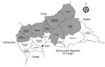 Thumbnail of Health districts in Central African Republic. Gray regions correspond to those in the meningitis belt with higher risk for meningitis outbreaks each year. The names of Bangui Prefecture, where the main laboratory (Institut Pasteur) is located, and Ouham Prefecture, where all the 2015 and 2016 meningitis cases occurred, are in bold.