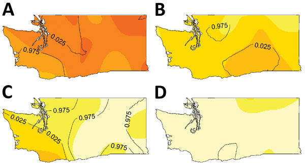 Escherichia coli O157:H7 lineage frequency among culture-confirmed human cases reported in Washington, USA, 2005–2014. A) Lineage Ib; B) lineage IIa; C) lineage IIb; D) rare lineages (12 different clinically rare lineages). Lineage-specific probability surfaces were determined by kernel-based estimation of spatial segregation. Darker shading indicates higher risk for that lineage. Contour lines marked 0.025 define areas in which there is a high probability of cases being caused by a given lineag