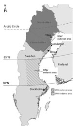 Thumbnail of Geographic distribution of the SINV outbreak in 2013 and previous occurrence of SINV infections in Sweden. Dark gray indicates the 2 northernmost counties in Sweden where the SINV IgG seroprevalence was 2.9% in 2009. SINV, Sindbis virus.
