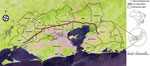 Thumbnail of Metropolitan area of Rio de Janeiro, Brazil, showing the Raphael de Almeida Magalhães Highway, also known as the Arco Metropolitano, and georeferenced cases of paracoccidioidomycosis (open circles) during highway construction. Inset shows location of metropolitan area in Rio de Janeiro State and of Rio de Janeiro State (circle) in Brazil. Source: Landsat 8 Images (https://earthexplorer.usgs.gov/).