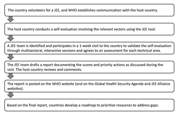 JEE process. Each JEE follows a standardized process that aligns with the principles of transparency, multisectoral engagement, and public reporting of the International Health Regulations 2005 (2) and the Global Health Security Agenda (https://www.ghsagenda.org/). JEE, Joint External Evaluation; WHO, World Health Organization.