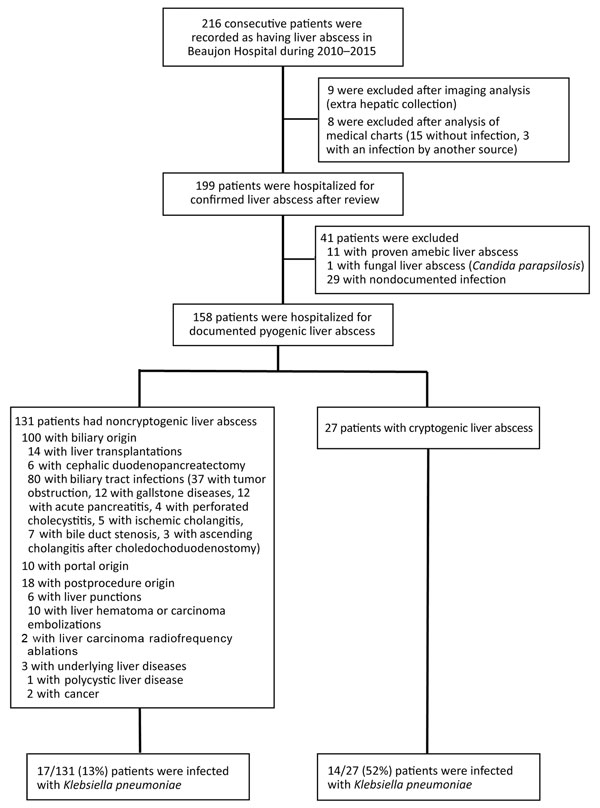 Flow chart for selection of 158 patients with microbiologically proven pyogenic liver abscesses and determination of Klebsiella pneumoniae infection, Hôpital Beaujon, Clichy, France, 2010−2015.