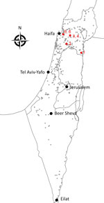Thumbnail of Spatial distribution of collection sites and Usutu virus infectious mosquitoes, Israel 2014–2015. Small gray circles indicate collection sites. Red symbols and numbers indicate sites of Usutu virus–infected mosquitoes.