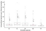 Thumbnail of Boxplots of infection intensity across ameba species after experimental infection with Yersinia pestis. Infection intensity frequencies followed a strong negative binomial distribution. Median infection intensities: AC = 3, AL = 4, AP = 3, DD = 2, VV = 1. Red diamonds denote mean infection intensity (Table). Each ameba species had several high-intensity outliers ranging up to a maximum of 84 intracellular bacteria observed in 1 A. lenticulata ameba (note broken y-axis). AC, Acantham