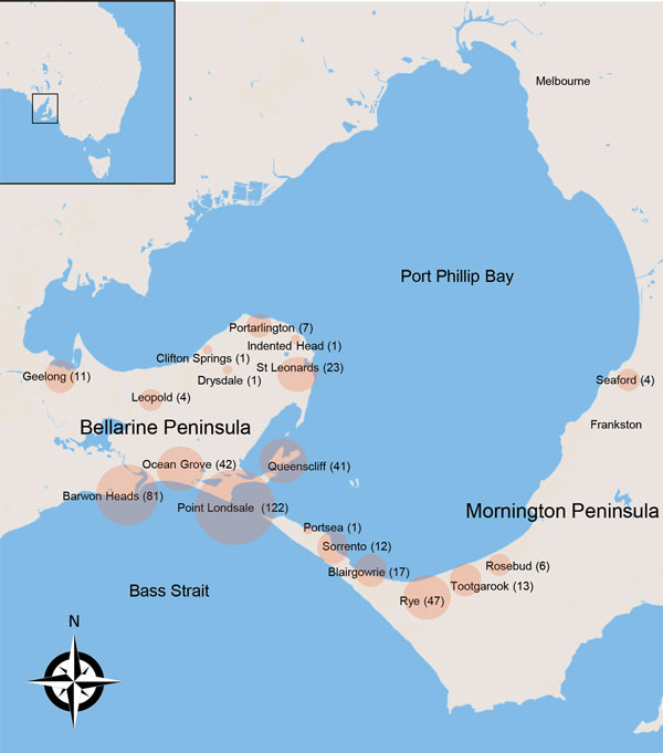 Locations (circles) of 426 cases of Mycobacterium ulcerans disease in Bellarine and Mornington Peninsula, Barwon Health Cohort, Geelong, Victoria, Australia, January 1998–May 2017. Size of circles indicate number of cases, given in parentheses. Box in inset shows study region in southeastern Australia.