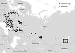 Thumbnail of African swine fever outbreaks in Russia and countries in eastern Europe, 2017. Black box indicates outbreak in the Irkutsk region in Siberia, Russia.