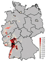 Thumbnail of Probability of Usutu virus (USUV) occurrence in Germany derived from 300 boosted regression tree models. Black dots denote sites with dead birds that tested positive for USUV. The color intensity indicates the probability of occurrence of USUV.
