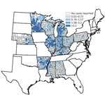 Thumbnail of County-specific histoplasmosis incidence (no. cases/100,000 population) for the 12 US states from which surveillance data were available, 2011–2014.