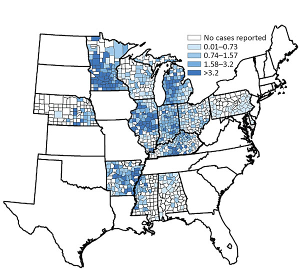 Map of the United States showing the average rate of reported histoplasmosis cases per 100,000 people by county during 2011–2014 for 12 states with available surveillance data: Alabama, Arkansas, Delaware, Illinois, Indiana, Kentucky, Michigan, Minnesota, Mississippi, Nebraska, Pennsylvania, and Wisconsin.