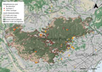 Thumbnail of Part of the metropolitan area of Barcelona, Spain, showing land characteristics, Collserola Natural Park, the location of the wild boars sampled, and results of Streptococcus suis serotype 2 strains, identified by both isolation and molecular detection. Letters indicate locations where several wild boars were sampled, obtained by box traps (A, n = 21) or regular hunting campaigns (B, n = 9; C, n = 14; D, n = 5).