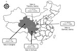 Thumbnail of Number and species of yaks from provinces around the Qinghai Tibetan Plateau, China, 2016–2017. The 3 provinces where sampling was performed, yak species, and occurrence of CHUV are indicated. n values indicate the total number of samples in each province; numbers in parentheses indicate the numbers of positive samples in each province; CHUV+ percentages indicate the CHUV prevalence rate. CHUV, Chuzan virus.