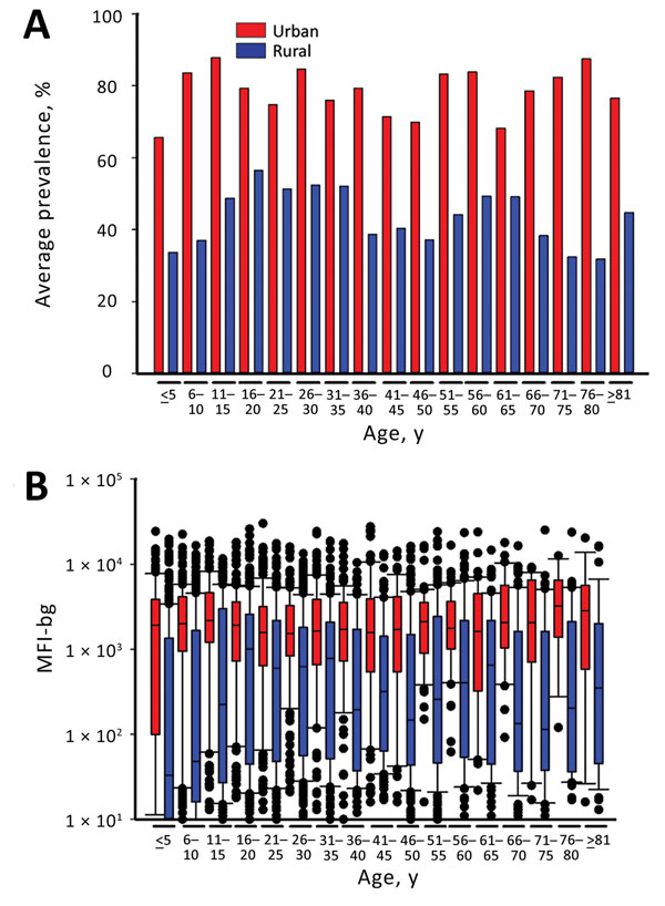 Seroprevalence and chikungunya IgG levels among persons living in urban and rural areas, by age group, Haiti, December 2014–February 2015. A) Mean seroprevalence by urban or rural setting and age category. B) Range of median fluorescence intensity minus background (IgG responses) to chikungunya antigens for the same age categories. Bars indicate interquartile ranges; horizontal lines within bars indicate medians; black dots indicate values &gt;10th or &lt;90th percentiles; error bars indicate 10