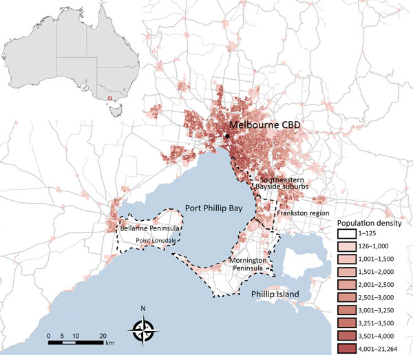 Melbourne, Victoria, Australia, and surrounding areas, showing population density and outlines of the 4 geographic regions used in study of the epidemiology of Buruli ulcer infections in Victoria, Australia, 2011–2016. Population density calculated as residents per square kilometer, according to the Australian Bureau of Statistics 2013 estimated resident population data at the level of Statistical Area Level 1 (18). Inset shows location of Melbourne in Australia. CBD, central business district.