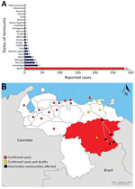 Thumbnail of Suspected and confirmed diphtheria cases and deaths, by state, Venezuela, 2016–2017. The highest number of cases occurred in the state where Amerindians reside (Bolivar, red). A) Number of suspected cases of diphtheria reported from week 28 of 2016 through week 24 of 2017, by state. B) Location of confirmed cases and deaths, Venezuela, 2017. The affected Amerindian communities reside in the area within the dotted line. Map obtained from d-maps (http://d-maps.com/carte.php?num_car=40