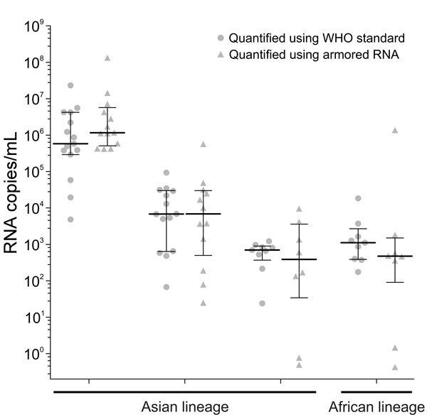 Quantification of Zika virus–positive samples using WHO Zika virus and armored RNA testing standards, Brazil. Zika virus–positive samples contained either inactivated strain MRS_OPY_Martinique_PaRi 2015 (Asian lineage) or strain MR766 (African lineage). Horizontal lines indicate median of the calculated Zika virus; whiskers indicate interquartile ranges. Statistical analysis was performed using GraphPad Prism 5.03 (GraphPad Software, Inc., La Jolla, USA). WHO, World Health Organization.