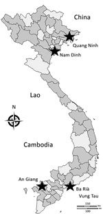 Thumbnail of Provinces participating in event-based surveillance pilot project (stars), Vietnam, September 2016–May 2017.