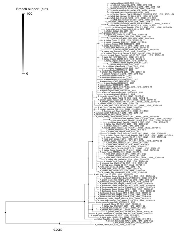 Maximum-likelihood tree from viral sequences of the 2016–17 highly pathogenic avian influenza H5 epizootic in Europe. Circles represent node support values, filled according to approximate likelihood ratio test values 0–100. Light gray boxes indicate distinct clades with support &gt;50 with isolates from Europe; dark gray boxes indicate clades with &lt;50 or unresolved. Scale bar indicates nucleotide substitutions per site. An expanded figure showing trees for all 3 epizootic years is available 