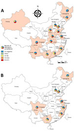 Thumbnail of Estimated yearly detection proportions of CV-A6, EV-A71, CV-A16, and other enteroviruses among mild hand, foot and mouth disease cases by province in China: A) 2013; B) 2015. CV, coxsackievirus; EV, enterovirus.