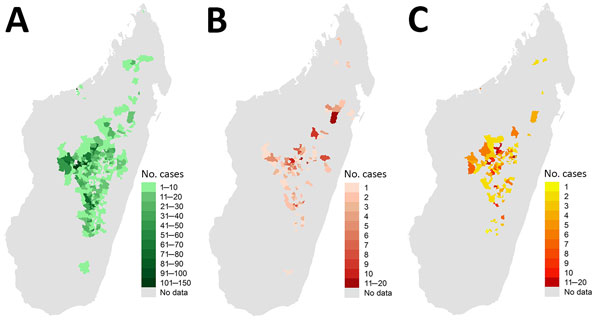 Geographic distributions of bubonic plague (A), pneumonic plague (B), and infection clusters (C), Madagascar, 1998–2016.