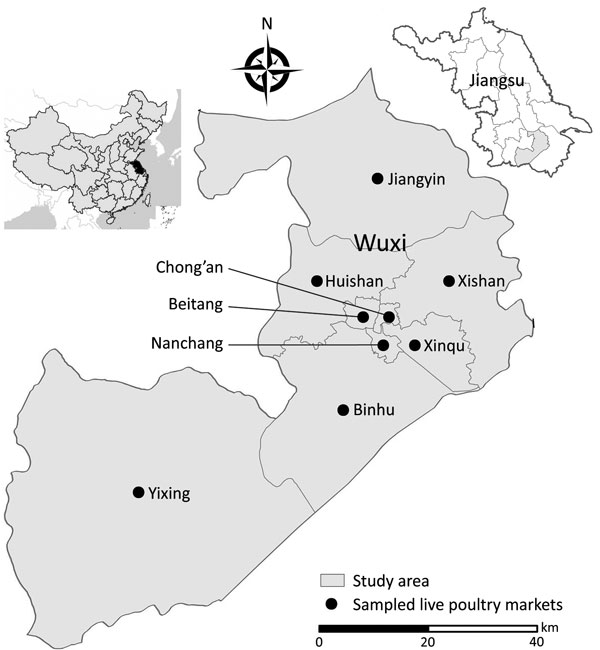 Location of study area where participants were enrolled and of live poultry markets where environmental and cloacal swab sampling was conducted in study of influenza A infection among workers at live poultry markets in 9 districts of Wuxi, Jiangsu Province, China, 2013–2016. Insets show location of Wuxi in Jiangsu Province and location of the province in China.