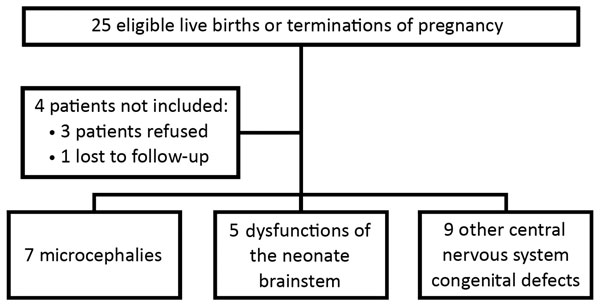 Flowchart for the recruitment of eligible cases for study of Zika virus infection during pregnancy and effects on early childhood development, French Polynesia, 2013–2016.