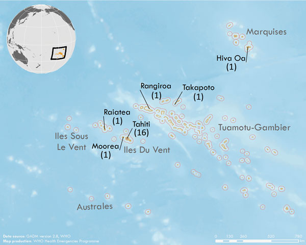 Geographic distribution of Zika virus cases in study of Zika virus infection during pregnancy and early childhood development, French Polynesia, 2013–2016. Black text indicates islands with &gt;1 case (number of cases from each island is in parentheses); gray text indicates names of archipelagoes. Inset shows the location of French Polynesia in the Pacific Ocean. Data source: GADM version 2.8 (https://gadm.org/download_country_v2.html). Map production: World Health Organization Health Emergencie