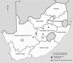 Thumbnail of Number and percentage of participants in the Free State Province (177 abattoir workers, 30 informal slaughters, 11 veterinarians, 32 horse handlers, 46 recreational hunters, 3 other) and Northern Cape Province (38 abattoir workers, 32 horse handlers, 3 recreational hunters, 12 farmers, 3 other) in a seroprevalence study of Crimean-Congo hemorrhagic fever virus in South Africa, April 2016–February 2017.