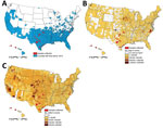 Thumbnail of Geographic distribution of serum samples collected from feral swine (A), domestic swine (B), and domestic cattle (C), United States, October 1, 2012–September 30, 2013.