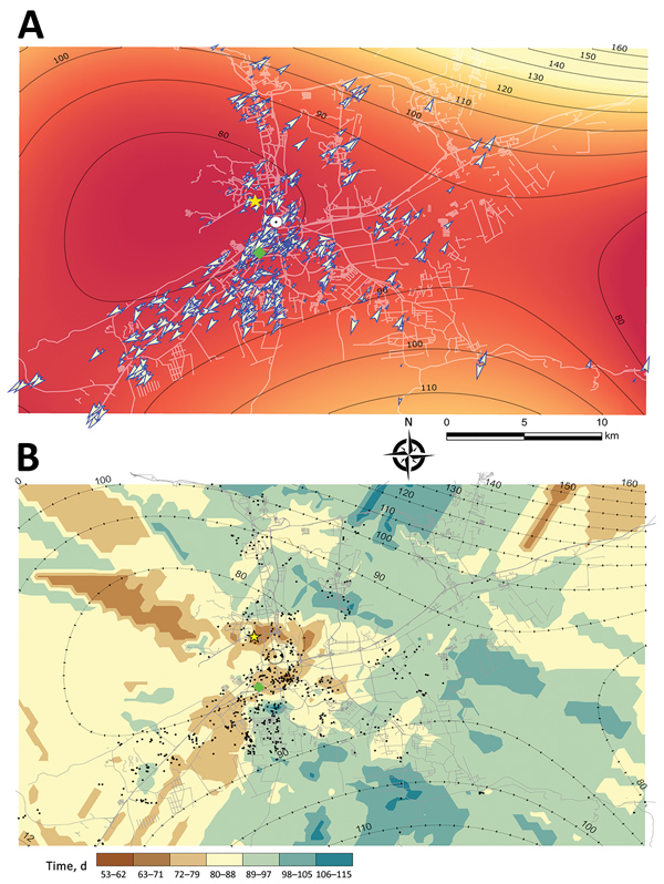 Global and local predicted spreading patterns of chikungunya virus, Carabobo state, Venezuela, 2014. A) Contour map (global scale) of the predicted spreading waves and the velocity vector arrows of each case of chikungunya. The contour map and contour lines in black (traveling waves) were estimated by the best-fit trend surface analysis (third order polynomial model) of time (days) to the first reported case or index case of chikungunya across the landscape. White lines correspond to the road sy