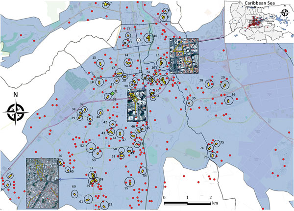 Geographic distribution and significant space–time clustering of reported chikungunya cases identified in a section of the capital city, Valencia (metropolitan area), Carabobo state, Venezuela, June–December 2014. Red dots denote case location; black outlined circles identify a significant space–time cluster; yellow lines show the interaction between cases (time–space link). The analysis was performed using 100 m as clustering distance and 3 weeks as time window. Significance level for local clu
