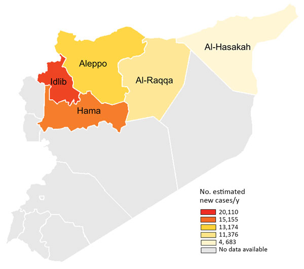 Target region for leishmaniasis control programs in northern Syria (color shading) and the number of estimated new cases of cutaneous leishmaniasis per year by province in this region.