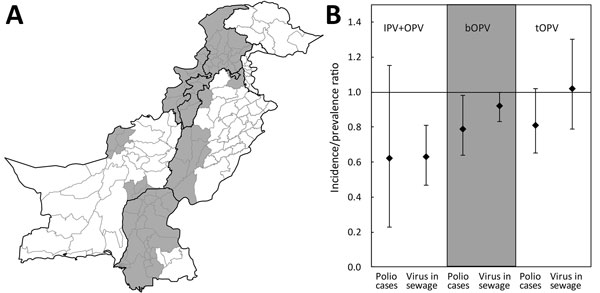 Location and impact of mass campaigns in Pakistan during January 2014–October 2017 that have included inactivated poliovirus vaccine (IPV) alongside oral vaccine. A) Gray shading indicates districts in Pakistan that conducted campaigns with IPV during January 2014–October 2017. B) The incidence rate ratio (IRR) for poliomyelitis and the prevalence ratio (PR) for poliovirus detection in environmental samples (sewage) during 90 days after compared with 90 days before mass vaccination campaigns wit