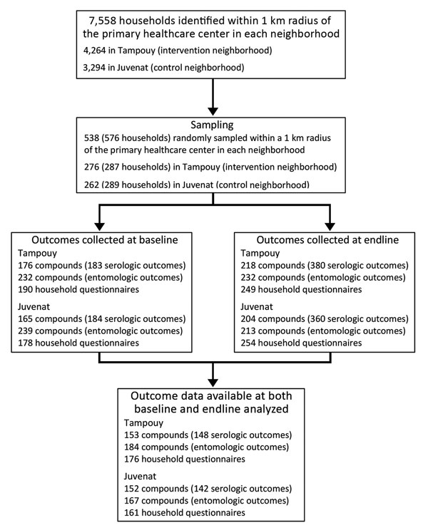 Flowchart for identification of compounds and households for a community-based intervention for dengue vector control conducted in Ouagadougou, Burkina Faso, June–October 2016. 