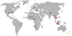 Thumbnail of Countries and US states in which 27 of 28 patients acquired typhus group rickettsiosis diagnosed in Germany, 2010–2017. For 1 of the 28 patients, no information was available. Most infections were acquired in Southeast Asia, although 3 autochthonous cases were found in Germany. Each dot symbolizes 1 patient.