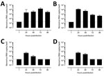 Thumbnail of Confirmatory testing for human norovirus replication in human intestinal enteroids (HIEs). We inoculated jejunal HIE monolayers (J3 line) with A) GII.4 Pe-GII.4 Sydney (3.3 × 105 RNA copies/well), B) GII.P12-GII.3 (5.3 × 105 RNA copies/well), C) GII.P16-GII.2 (3.2 × 105 RNA copies/well), or D) GII.Pg-GII.1 (9.3 × 105 RNA copies/well). After 1 h at 37°C in 5% CO2, monolayers were washed, and media was replaced with differentiation media and incubated at 37°C and 5% CO2. At 24, 48, an