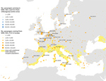 Thumbnail of Incoming passengers from chikungunya active transmission areas and outgoing passengers to other airports in Europe from Rome (FCO), Marseille (MRS), and Nice (NCE) airports, August 2017. The stable vector presence area is highlighted in yellow.
