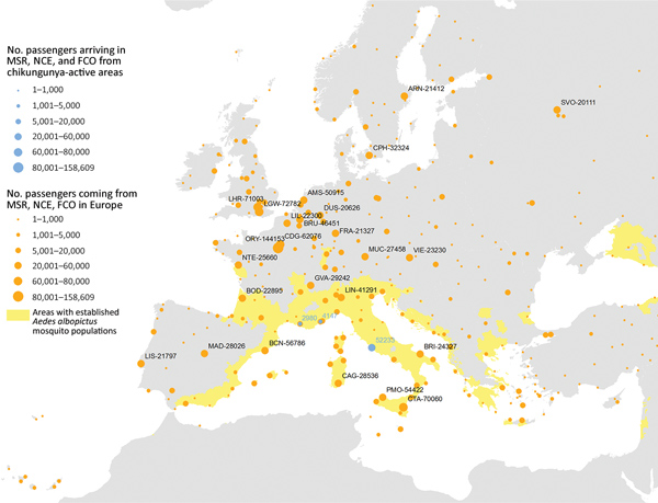 Incoming passengers from chikungunya active transmission areas and outgoing passengers to other airports in Europe from Rome (FCO), Marseille (MRS), and Nice (NCE) airports, August 2017. The stable vector presence area is highlighted in yellow.