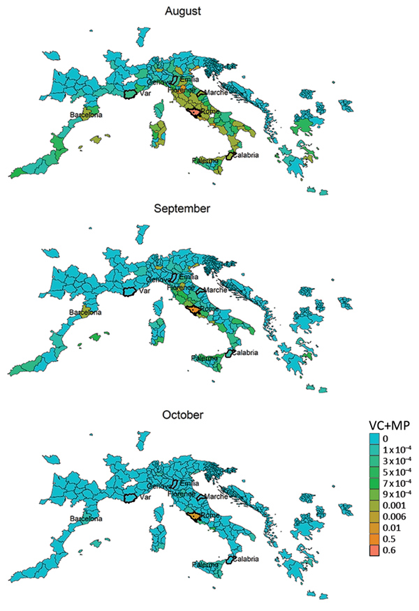 Estimated areas of risk for chikungunya spread from the outbreak areas of Anzio and Rome in the Lazio region, Italy, based on combined VC and estimates, August–October 2017. Heavy outlines indicate the outbreak areas. MP, mobility proximity; VC, vectorial capacity.