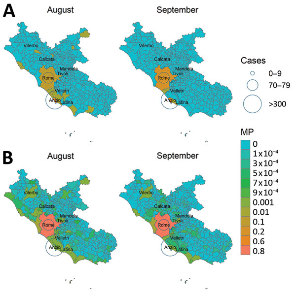 Estimated areas of risk for chikungunya spread from the outbreak areas in Lazio region, Italy, based on MP estimates, August–September 2017. A) Anzio; B) Rome. Circles indicate number of reported cases. MP, mobility proximity.