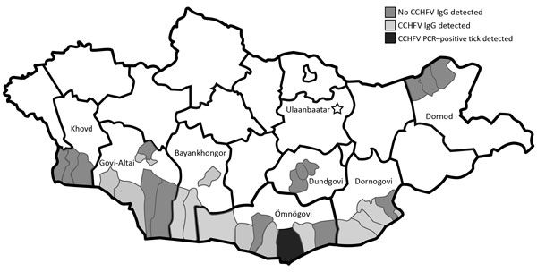 Geographic distribution of CCHFV-positive serum samples and tick and CCHFV-negative serum samples, Mongolia, 2013–2014. CCHFV, Crimean-Congo hemorrhagic fever virus.