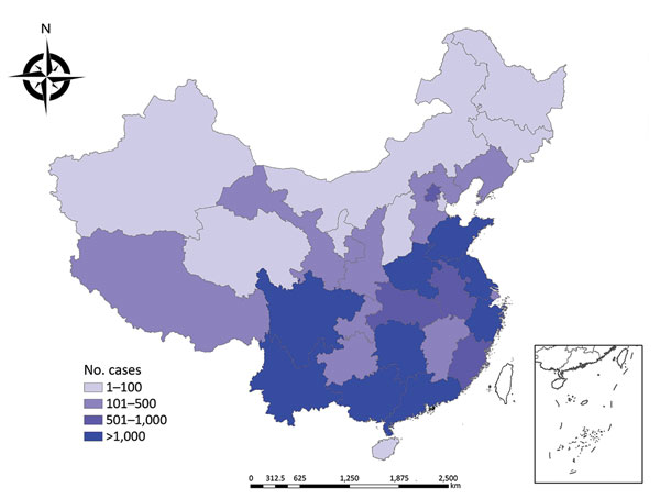 Number of cases of imported infectious diseases in mainland China, by province, 2005–2016.