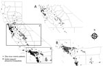 Thumbnail of Locations where Aedes spp. mosquitoes were detected and residences of possibly viremic case-patients infected with Zika virus, central (A) and southern (B) California, USA, October 2015–September 2017. Insets show larger views of corresponding region.