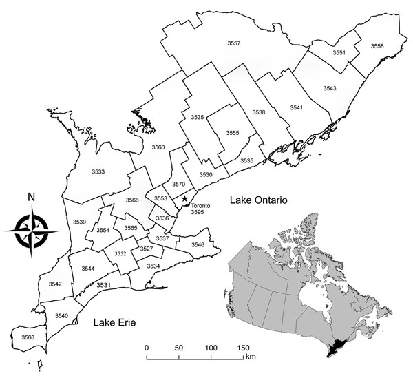 Map of the 29 southern Ontario public health units’ boundaries and corresponding identification numbers (see Table). Inset shows location of southern Ontario within Canada.